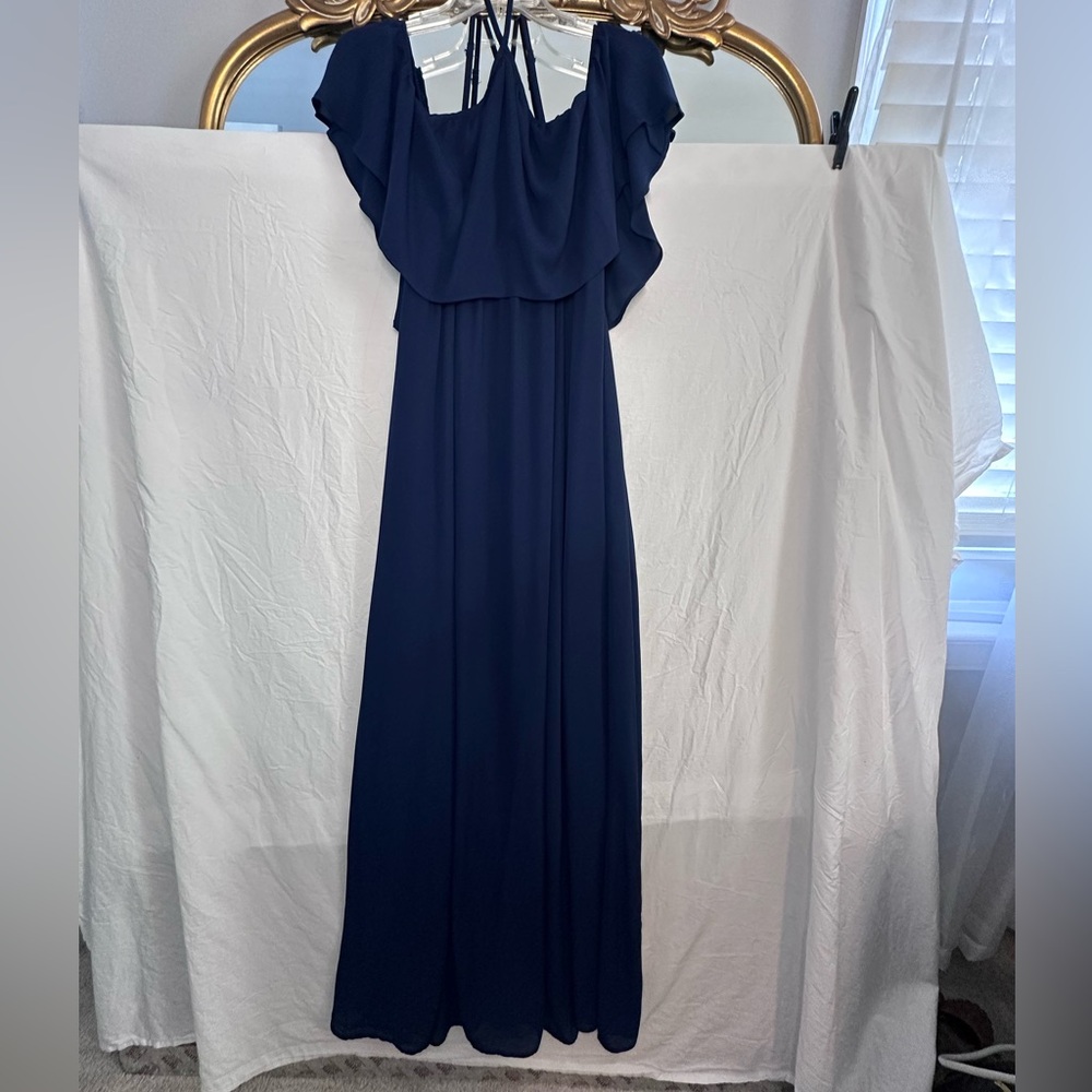 Show Me Your Mumu Navy Blue Ruffle Maxi Dress Small Boho Formal Bridesmaid
